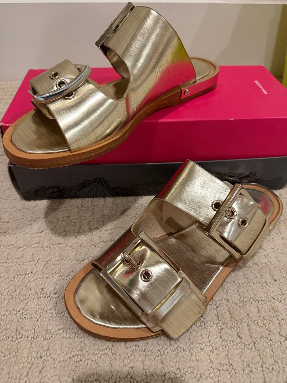 Rachel Zoe Metallic Gold Double Buckle Slide Mules - Picture 6 of 6